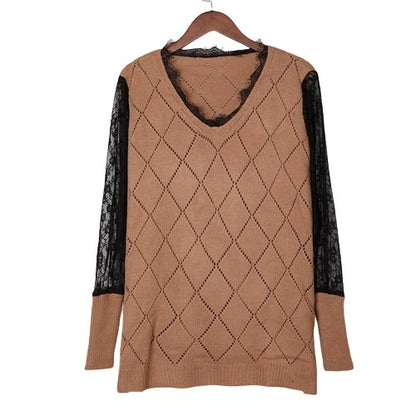 Popular Knitted Lace Bottoming Top V-neck Sweater For Women