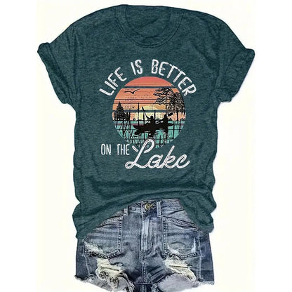 Women's Lakeside Rowing Scene Print Short Sleeve T-Shirt Casual Crew Neck Summer Top
