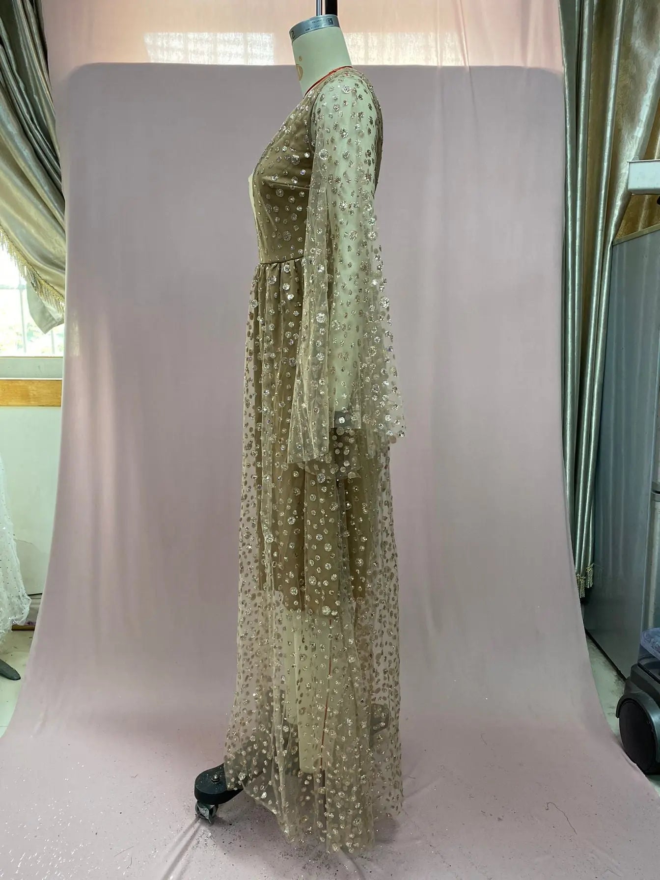 Women's New Dress Long Sleeve Deep V See-through Gold Sprinkling - Ocean Vault