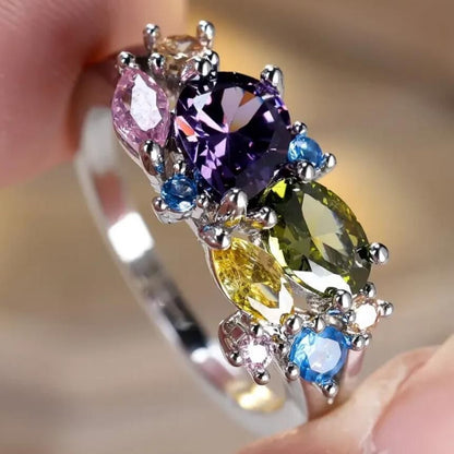 S25 Sterling Silver Dopamine Colorful Flower Zircon High Luxury Magic Color Ring