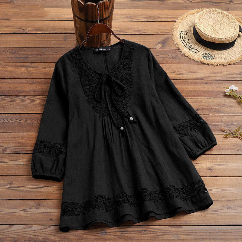 New Spring Autumn Cotton Hemp Splicing Lace Style Three Quarter Sleeve Loose Women's Top T-shirt