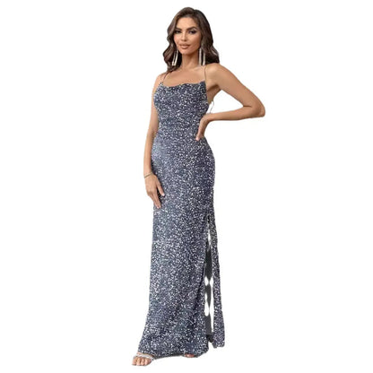 Backless High Waist Dress High Slit Sequined Sleeveless Suspender Dress - Ocean Vault