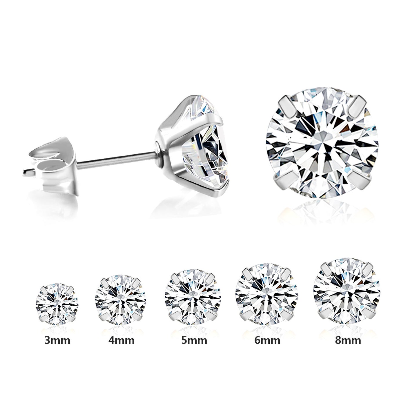 Simple Temperament Four-grab Round White Diamond Earrings Stainless Steel Fine Needle Earrings