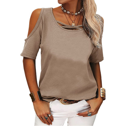 Womens Summer Trendy Shirts V Neck Cold Shoulder Tops Solid Color Casual Loose Sexy Blouse