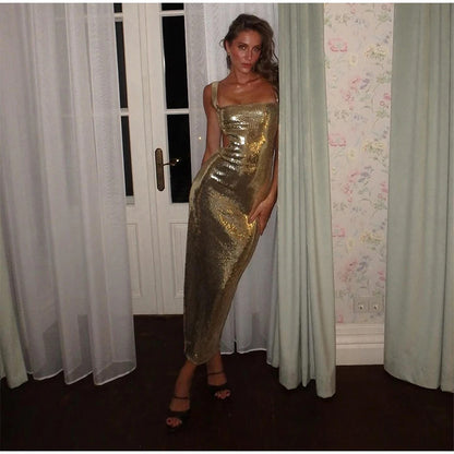 Sequin Sling Square Collar Backless Dress Dress Skirt