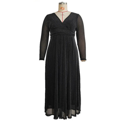 European And American V-neck Long Sleeve Mesh Dress - Ocean Vault