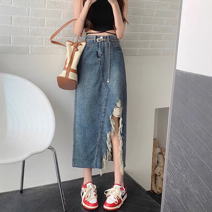 Design Irregular Slit Denim Skirt For Women Summer Retro Slim Mid-length Hip-wrapped A-line Skirt