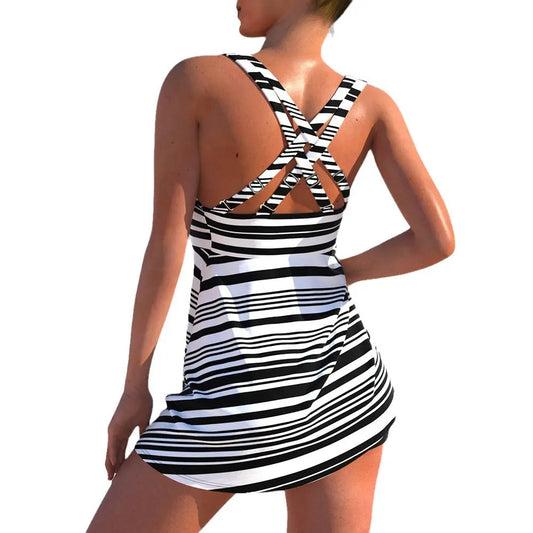 Two-piece Skirt Swimwear Bikini Striped Printed Boxer High Waist Swimsuit Ocean Vault