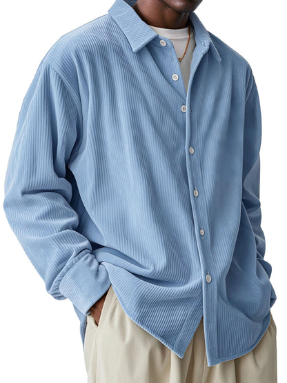 Men's Loose Trendy Long Sleeve Solid Color Polo Collar Shirt
