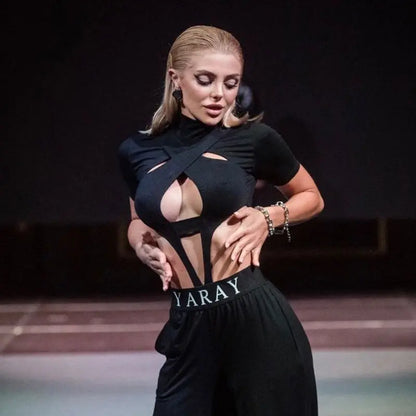 Style Spring New Sexy Cross Hollow High Collar Short Sleeve Rompers - Ocean Vault