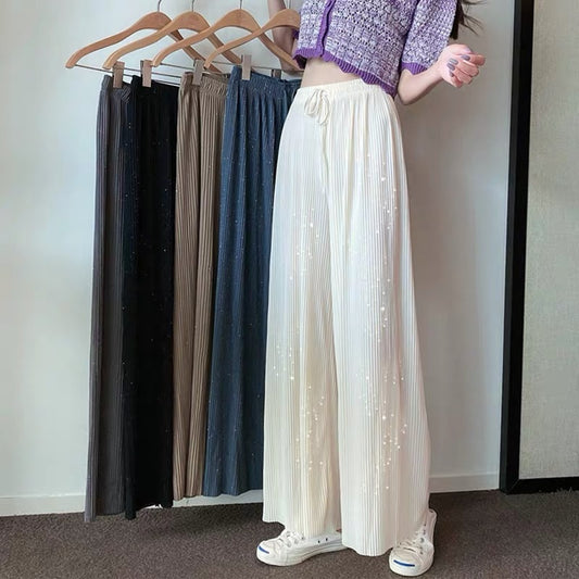 Loose Straight Pleated Ice Silk Leggings Draped Pants Thin High Waist