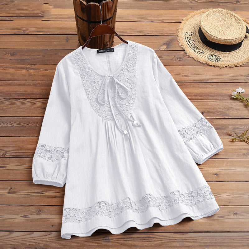 New Spring Autumn Cotton Hemp Splicing Lace Style Three Quarter Sleeve Loose Women's Top T-shirt