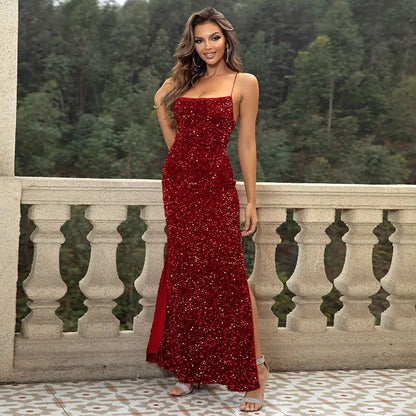 Backless High Waist Dress High Slit Sequined Sleeveless Suspender Dress - Ocean Vault