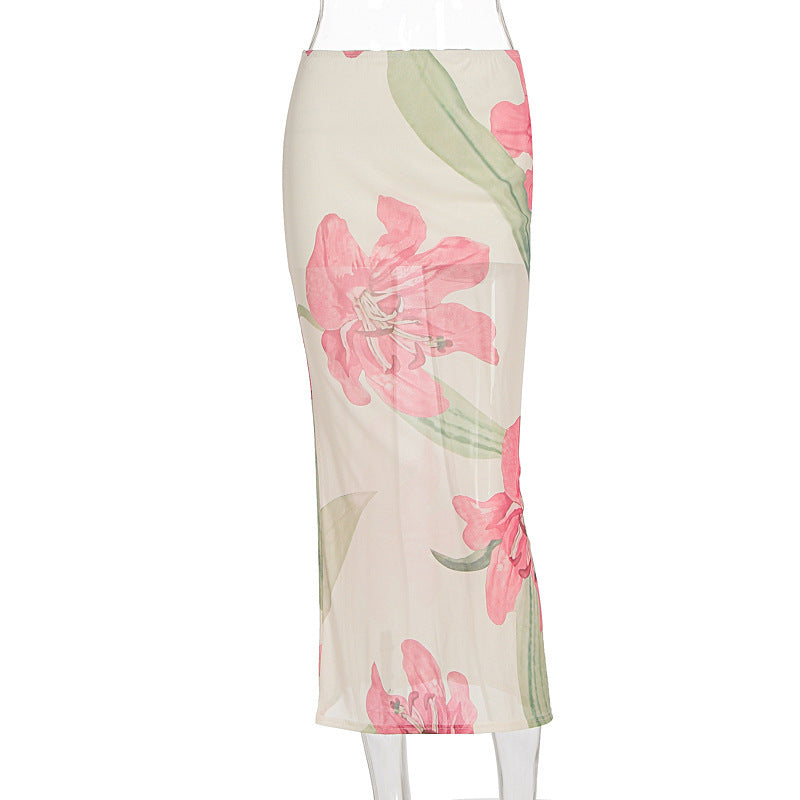Dopamine Beach Vacation Pure Desire Style Printed Mesh Sheath Skirt