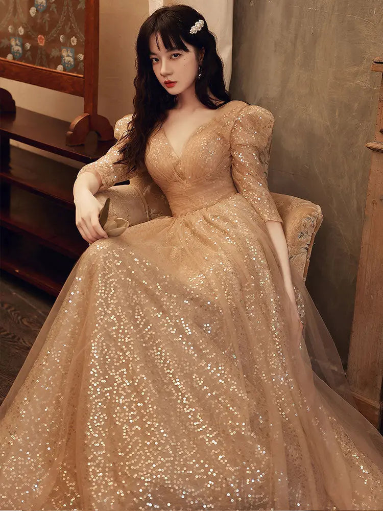 New Champagne V-neck Sequined Atmosphere Dress For Women - Ocean Vault