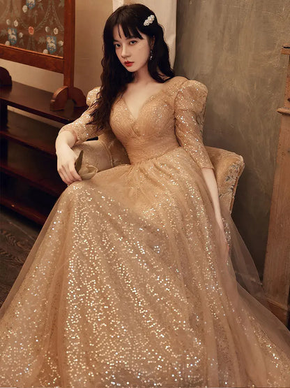 New Champagne V-neck Sequined Atmosphere Dress For Women - Ocean Vault