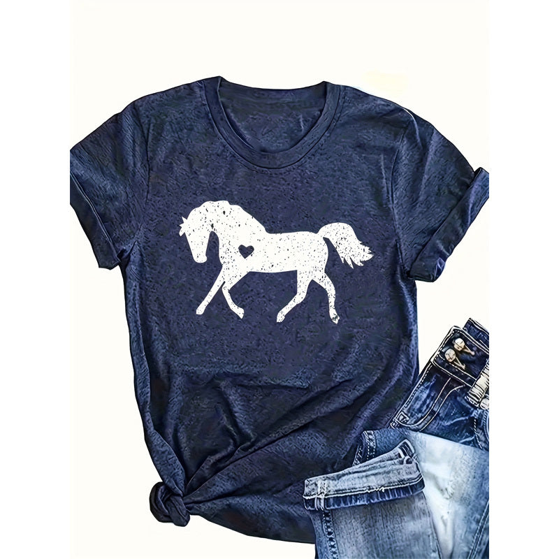 Women's Classic Horse Silhouette T-Shirt Casual Crew Neck Summer Shirt