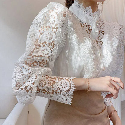 Elegant Women's Vintage Pearl Button Lace Blouse - Puff Sleeve Semi-Sheer Ruffled Stand Collar Shirt Spring&Summer Office & Vacation Top - Ocean Vault