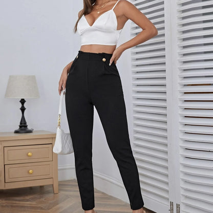 Women's Solid Color Tight Pants With Buttons And Pleated Details At The Waist, Versatile Casual Pants