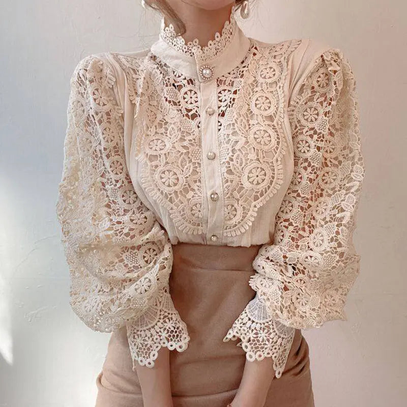 Elegant Women's Vintage Pearl Button Lace Blouse - Puff Sleeve Semi-Sheer Ruffled Stand Collar Shirt Spring&Summer Office & Vacation Top - Ocean Vault