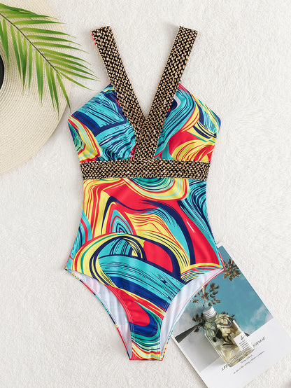 Women's Fashion Deep V Spaghetti Straps One-piece Swimsuit