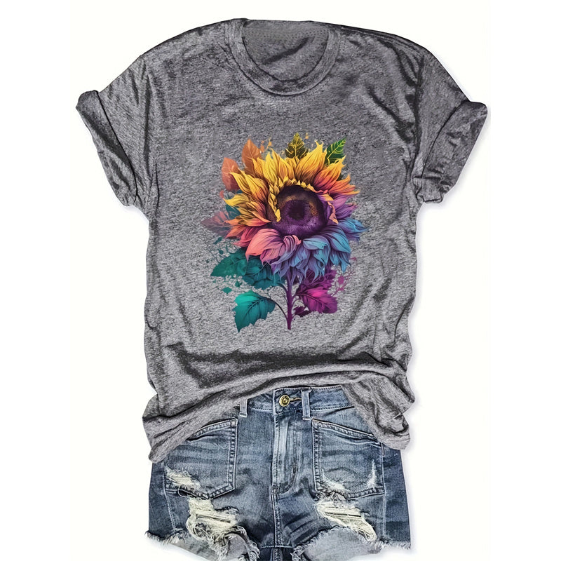 Women's Short Sleeve Round Neck T-Shirt - Colorful Sunflower Print Summer Casual Top
