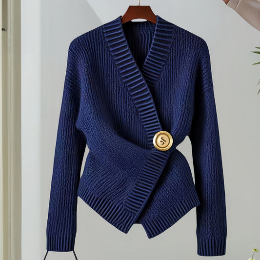 Dark Blue Irregular V-neck Fitted Waist Sweater Knitwear Autumn And Winter