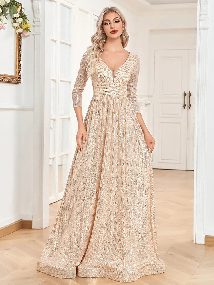 Sequined Fall V-neck High Waist Party Formal Dress - Ocean Vault
