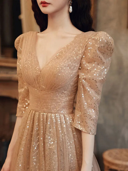 New Champagne V-neck Sequined Atmosphere Dress For Women - Ocean Vault