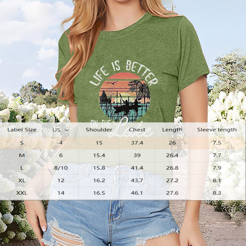 Women's Lakeside Rowing Scene Print Short Sleeve T-Shirt Casual Crew Neck Summer Top