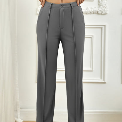 Ladies' Solid Color Pocket Versatile Commuting Waist Cinching Loose Straight Leg Wide Leg Pants
