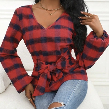 Ladies' Fashionable And Elegant Temperament Butterfly Bow Design Checkered Printed Shirt Top