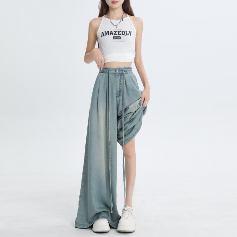 Thin Drawstring Casual Mopping Pants For Women High Waist Loose Slimming Wide Leg Pants
