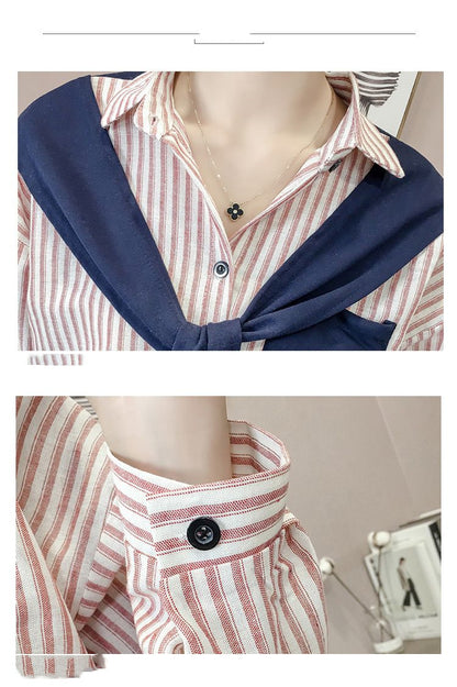 Shawl Stitching Fake Two Striped Long-sleeved Shirts
