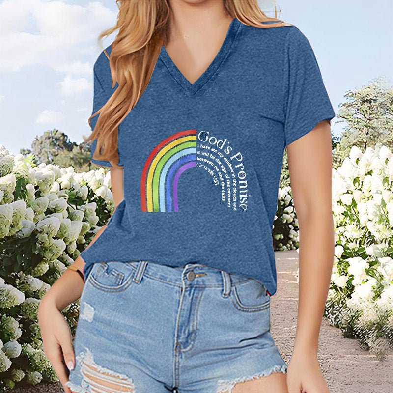 Women's Rainbow Letter Pattern V-Neck T-Shirt Casual Short Sleeve Summer Top