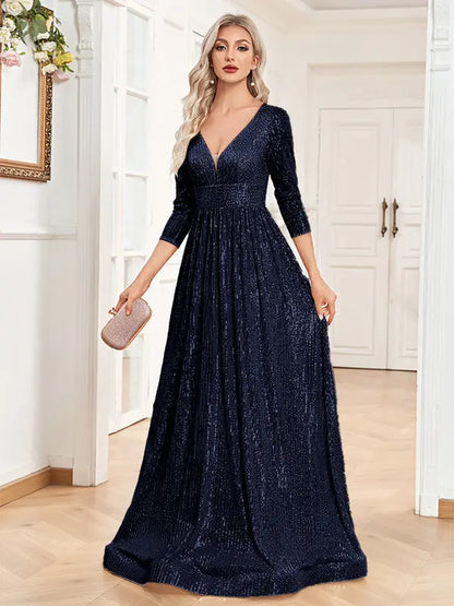 Sequined Fall V-neck High Waist Party Formal Dress - Ocean Vault