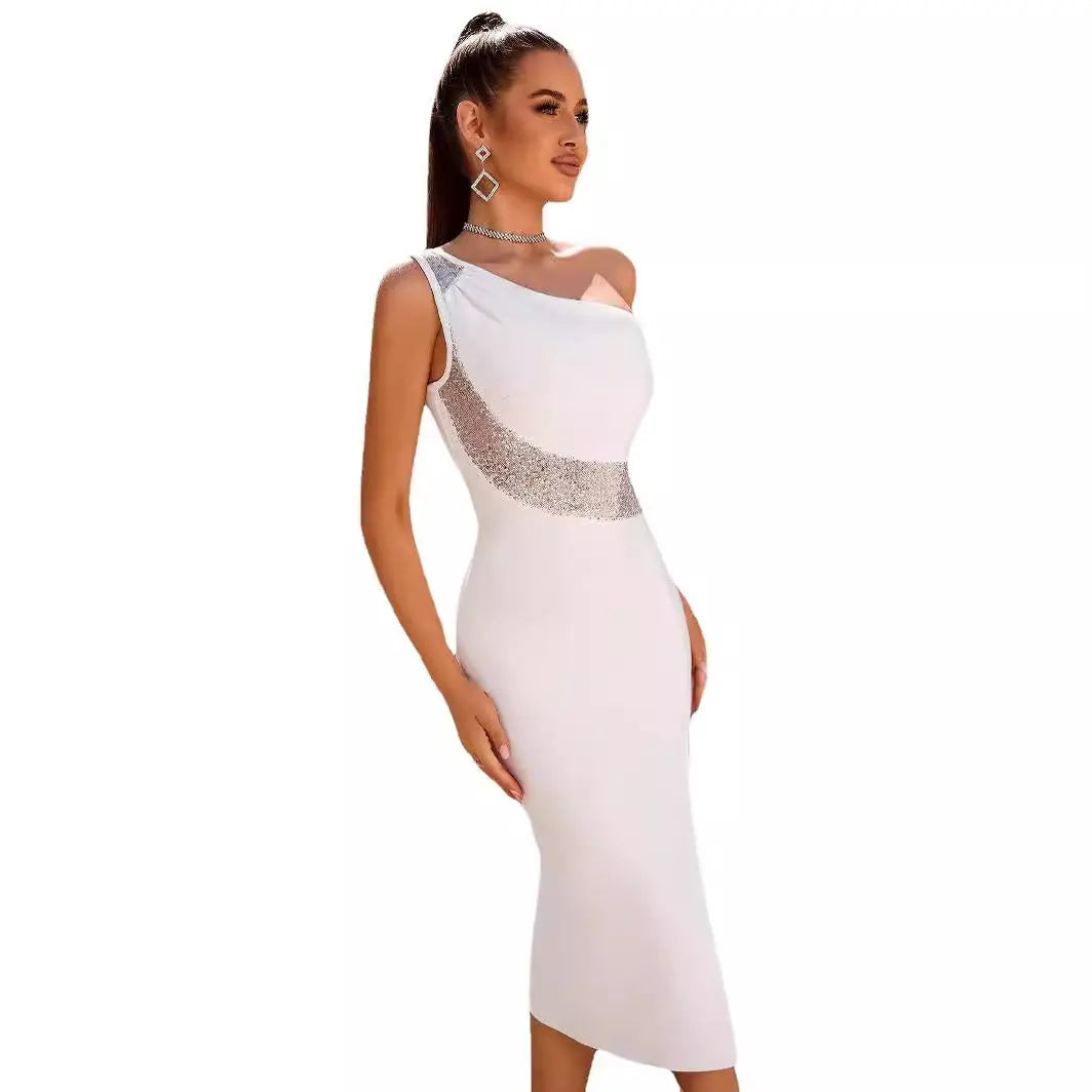 Bandage Solid Color One-shoulder Joint Slim Fit Dress - Ocean Vault