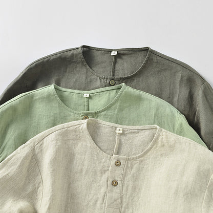 Casual Linen Men's Simple Round Neck 34 Sleeves Linen T-shirt Loose Breathable Top