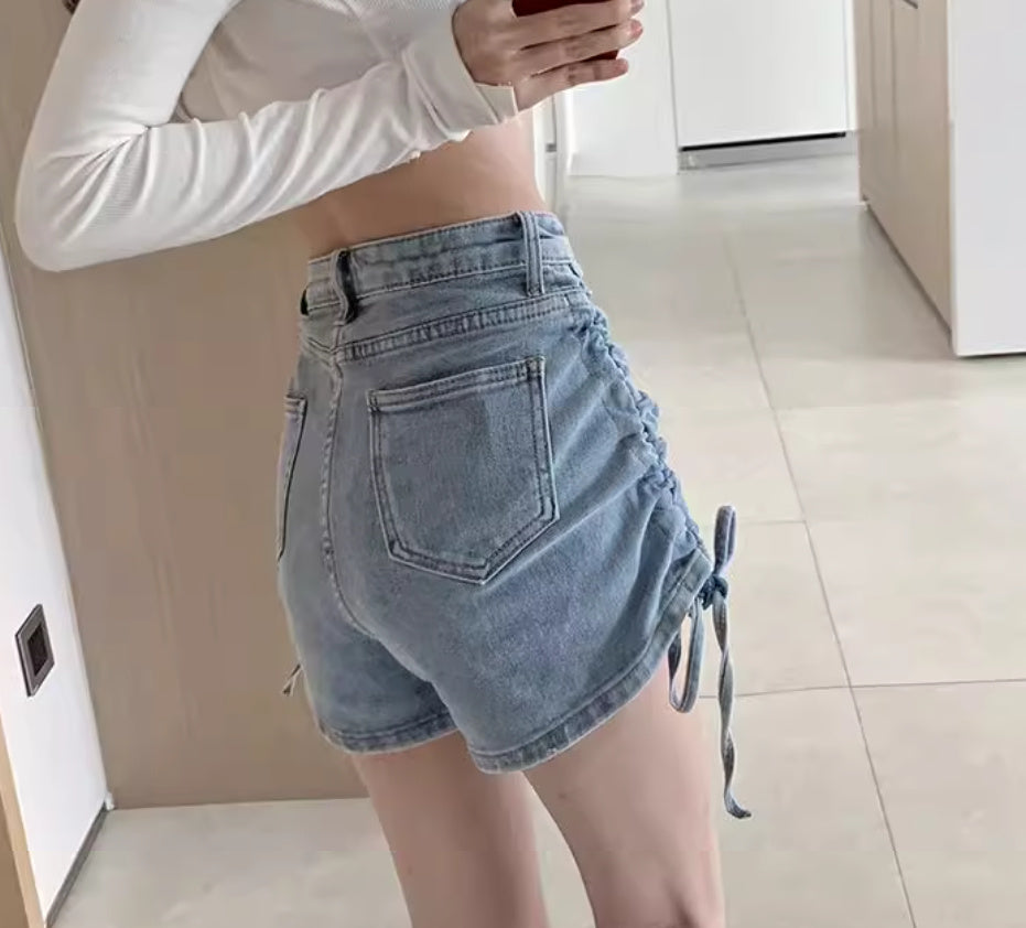 Thin Drawstring Design With A-line Wide Leg Denim Shorts For Women