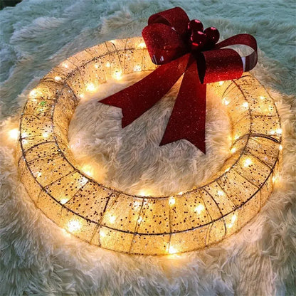 Christmas Garland 50CM Luminous LED Warm Light Metal Luminous Wreath With Big Bowknot Christmas Front Door Home Holiday Party Door Hanging Decor - Ocean Vault