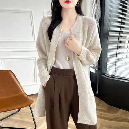 Round Neck Wool Cardigan Coat For Women