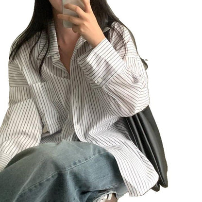 All-match Single-breasted Lapel Long Sleeve Bottoming Striped Shirt
