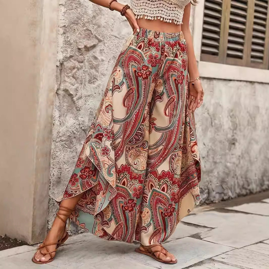 Elegant High Waist Casual Bohemian Vacation Style Wide Leg Pants