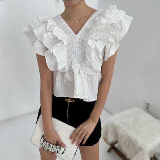 V-neck Ruffled Sleeve Shirt For Women
