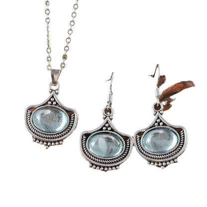 Vintage Blue Oval Gemstone Pendant Necklace Earrings