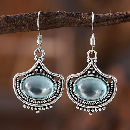 Vintage Blue Oval Gemstone Pendant Necklace Earrings
