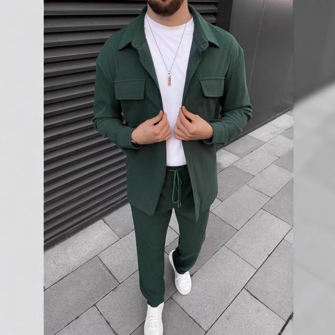 Men's Corduroy Long Sleeve Lapel Shirt Trousers Daily Casual Suit