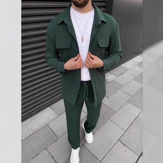 Men's Corduroy Long Sleeve Lapel Shirt Trousers Daily Casual Suit