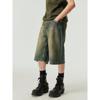 Washed Casual Baggy Straight Trousers Middle Ripped Cropped Pants