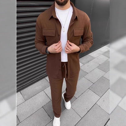 Men's Corduroy Long Sleeve Lapel Shirt Trousers Daily Casual Suit